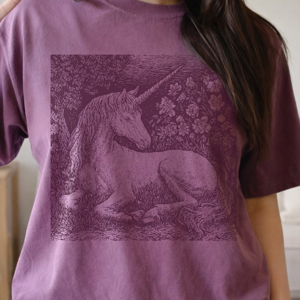 Unicorn Garden Graphic Tee Enchanted Woodcut Style